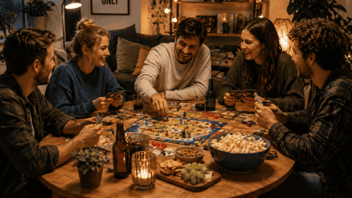 Groep vrienden speelt kaart- en bordspel tijdens spellenavond organiseren met hapjes en drankjes