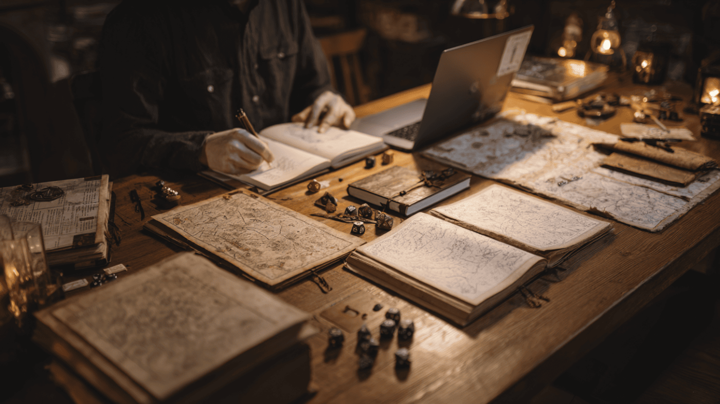 D&D sessie voorbereiden met Dungeon Master die notities maakt tussen boeken, kaarten en dobbelstenen