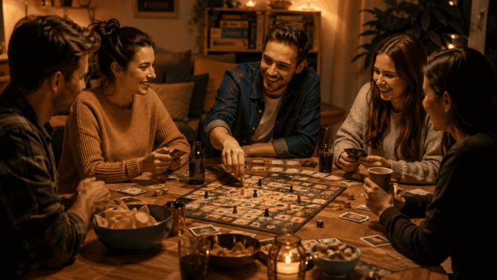 Vrienden spelen samen bordspel tijdens gezellige spellenavond organiseren met snacks en warme verlichting
