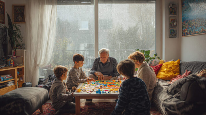 Kinderen en oudere spelen samen een bordspel binnen terwijl regen tegen het raam tikt, typisch voor spelactiviteiten regenachtige dagen