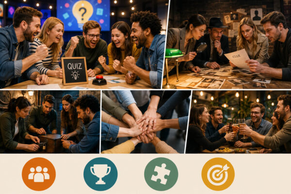 Fysieke partyspellen tijdens een teamuitje met pubquiz, escape room en samenwerking tussen collega’s