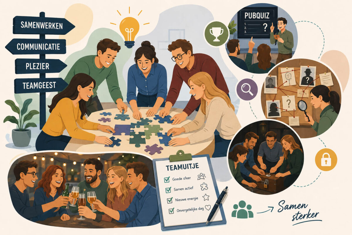 Illustratie van fysieke partyspellen met samenwerking, communicatie en teamuitjes voor bedrijven