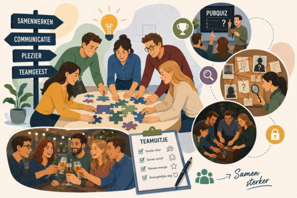 Illustratie van fysieke partyspellen met samenwerking, communicatie en teamuitjes voor bedrijven