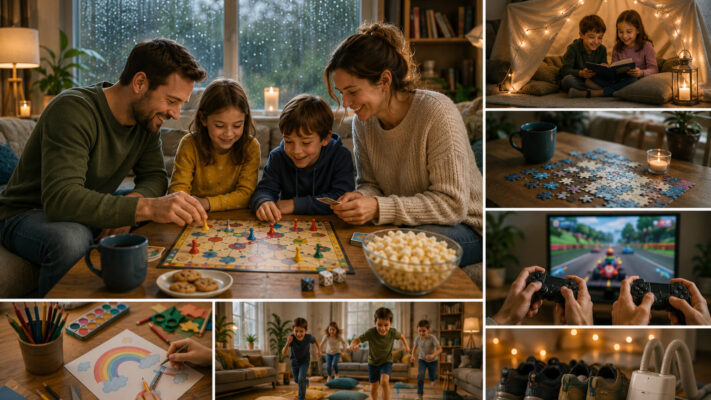 Gezin speelt bordspel en doet creatieve en digitale activiteiten samen tijdens spelactiviteiten regenachtige dagen