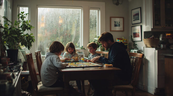 Gezin zit rond de tafel en speelt een bordspel bij regenachtig weer, passend bij spelactiviteiten regenachtige dagen