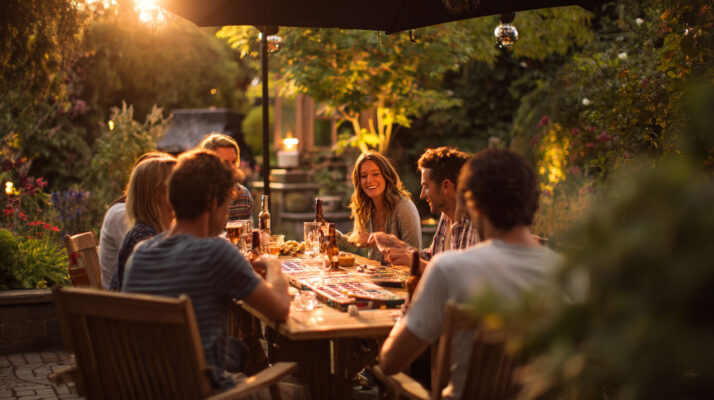 Mensen spelen samen spellen aan een tuintafel tijdens een gezellige spelletjesavond buiten.