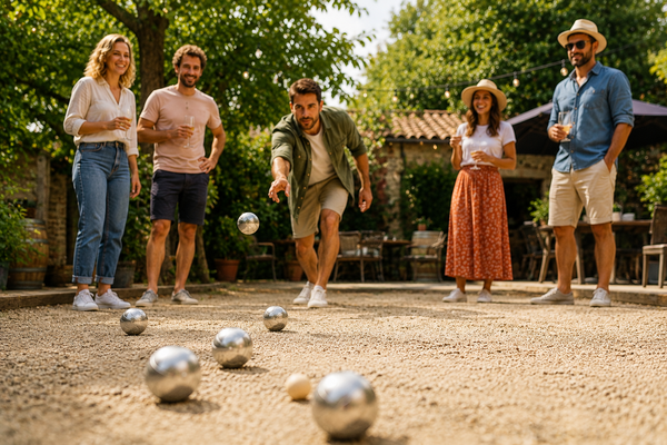 Groep vrienden speelt jeu de boules tijdens een gezellig buitenfeest in een zonnige tuin