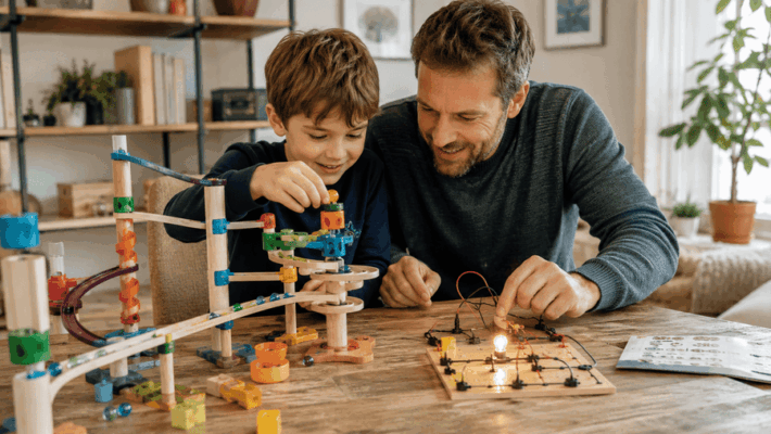 vader en zoon spelen gravitrax en circuit maze spel
