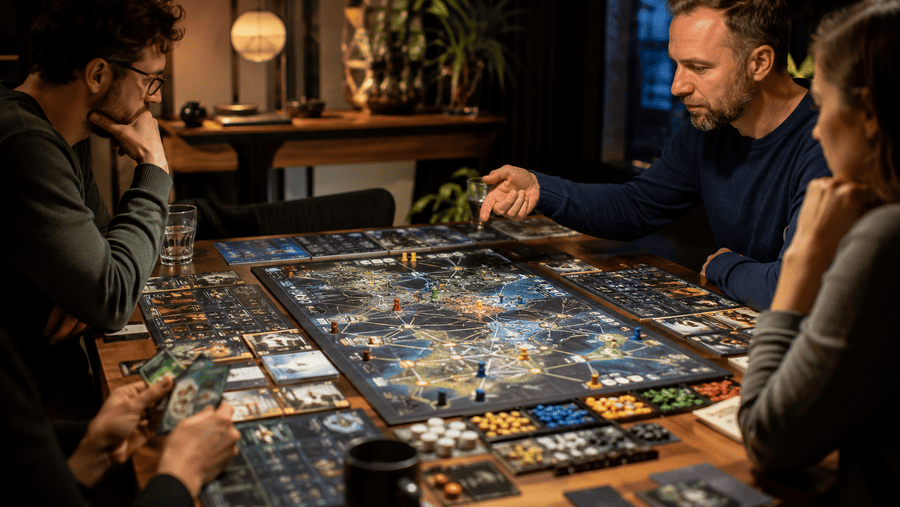 volwassen vriendengroep speelt power grid spel
