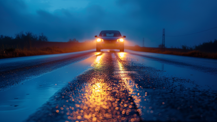 Koplampen van een auto die verlicht zijn in het donker.