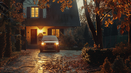Een zwarte auto met brandende koplampen geparkeerd op een oprijlaan vol herfstbladeren voor een sfeervol verlicht huis in de avond.