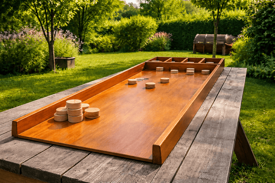 sjoelbak buiten op tafel