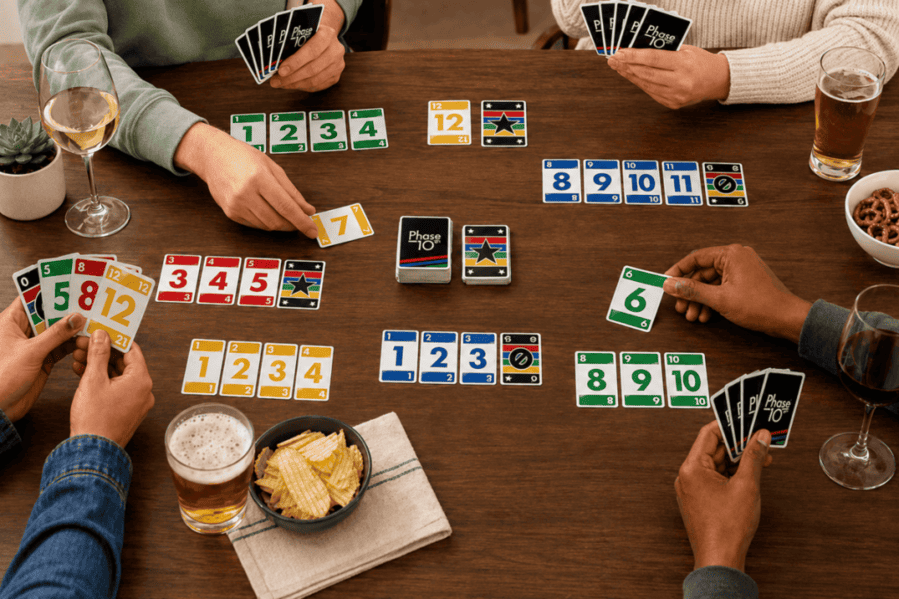 vier mensen spelen phase 10 kaartspel