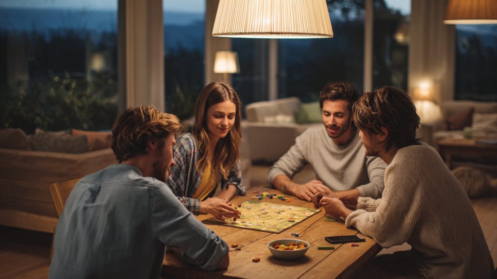Vier vrienden spelen samen een bordspel aan een houten tafel tijdens een gezellige spelletjesavond in de avond