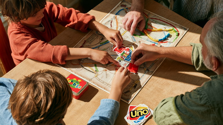 3 generaties die een bordspel aan het doen zijn