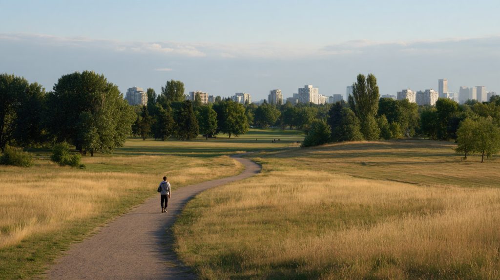 Persoon wandelt alleen over een pad door een grasveld met de skyline van een stad op de achtergrond